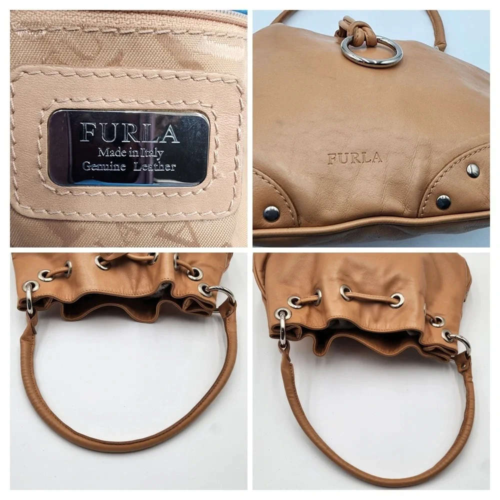 Furla Hobo Shoulder Bag Tan Soft Smooth Leather Drawstring Studded Authentic